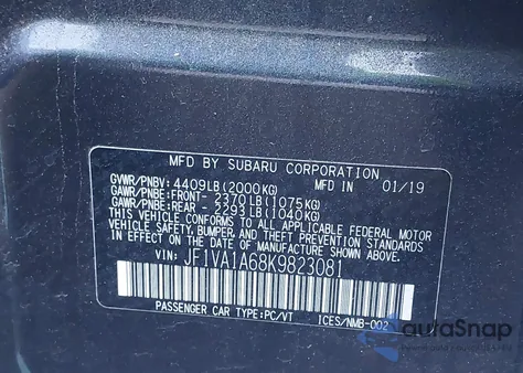 2019 Subaru Wrx из США, поврежденный, VIN JF1VA1A68K9823081